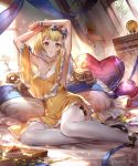  1girl 77gl armpits arms_up blonde_hair bow breasts choker covered_navel dress flower glint grey_eyes hair_bow heart heart_pillow indoors jewelry long_hair looking_at_viewer medium_breasts necklace pillow see-through_silhouette sequins shingeki_no_bahamut sitting solo sunlight thighhighs underbust white_legwear yellow_dress yokozuwari 