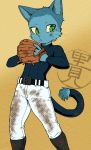  abs athletic baseball_(sport) baseball_glove blue_fur clothing dark_ishihara felid feline fur green_eyes hi_res male mammal solo sport sweat sweatdrop tight_clothing 