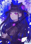  1girl bangs black_dress black_hair blunt_bangs breasts bright_pupils chest_jewel closed_mouth commentary_request double_bun dress eyebrows_visible_through_hair fate/grand_order fate_(series) flower gem hair_ornament highres holding holding_umbrella juliet_sleeves large_breasts long_hair long_sleeves looking_at_viewer murasaki_shikibu_(fate) parasol puffy_sleeves purple_eyes sidelocks signature sleeves_past_wrists solo sophie_usui striped umbrella upper_body vertical_stripes white_pupils wisteria 