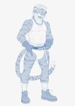  anthro armor belt boots clothed clothing colt3n construction_helmet diaper fangs felid footwear fur gloves hammer hat helmet hi_res legwear looking_at_viewer male mammal muscular open_mouth pantherine partially_clothed shirt simple_background smile socks solo standing stripes tank_top tiger tool_belt tools tuft 