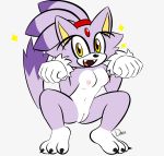  2019 3_toes amber_eyes anthro blaze_the_cat breasts claws clitoris crouching cute_fangs domestic_cat dxrkblaze felid feline felis female forehead_gem fur mammal nipples nude open_mouth purple_fur pussy simple_background smile solo sonic_(series) toe_claws toes white_fur 