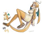  antennae breasts brown_footwear cleavage creatures_(company) dragon_wings dragonite game_freak gen_1_pokemon hands_clasped horn large_breasts nintendo orange_hair own_hands_together personification pointy_ears pokemon smile tail tamtamdi thick_thighs thighhighs thighs wings 