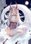  bangs bare_shoulders breasts elbow_gloves eyes_closed facing_viewer frilled_skirt frills full_moon gloves highres horns leotard medium_breasts moon night night_sky obiwan open_mouth parted_bangs pixiv_fantasia pixiv_fantasia_last_saga pointy_ears see-through sitting skirt sky sleeveless thighhighs white_gloves white_legwear 