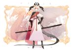  1girl black_footwear cape dragon dragon_horns dragon_tail full_body gauntlets hand_on_hip highres horns jong_tu katana looking_at_viewer pixiv_fantasia pixiv_fantasia_last_saga red_cape red_eyes sheath sheathed solo standing sword tail weapon white_hair 