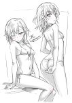  1girl :&lt; ;&lt; adjusting_clothes adjusting_swimsuit arm_at_side ass between_legs bikini blush breasts eyebrows_visible_through_hair flower front-tie_bikini front-tie_top greyscale hair_flower hair_ornament hand_between_legs misaka_mikoto monochrome multiple_views navel one_eye_closed puma_(hyuma1219) short_hair side-tie_bikini sideboob sitting sketch small_breasts spot_color swimsuit to_aru_kagaku_no_railgun to_aru_majutsu_no_index 