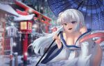  1girl absurdres artist_name bangs bare_shoulders blue_eyes blurry blurry_background breasts cleavage daeno dress guardian_tales highres holding korean_commentary large_breasts long_hair looking_at_viewer official_alternate_costume oil-paper_umbrella open_mouth smile snow solo umbrella vampire vampire_girl_karina white_dress white_hair 