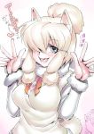  1girl alpaca alpaca_ears alpaca_suri_(kemono_friends) alpaca_tail animal_ears blonde_hair extra_ears eyebrows_visible_through_hair fur-trimmed_sleeves fur_scarf fur_trim hair_bun hair_over_one_eye hands_up heart kemono_friends long_sleeves looking_at_viewer medium_hair neck_ribbon open_mouth ribbon scarf shirt sidelocks smile solo_focus sweater_vest tail translation_request tsuki_wani upper_body 