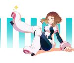  1girl blush_stickers bodysuit boku_no_hero_academia boots breasts brown_eyes brown_hair chinese_commentary commentary_request duximeng full_body helmet highres knee_boots leg_up medium_breasts short_hair sidelocks sitting smile solo uraraka_ochako white_footwear 