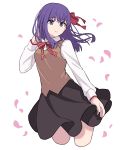  1girl absurdres breasts eyebrows_visible_through_hair fate/stay_night fate_(series) from_side hair_ornament hair_ribbon highres long_hair long_sleeves lq_saku matou_sakura petals purple_eyes purple_hair red_ribbon ribbon simple_background solo white_background 