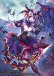  1girl :d bat boots demon_girl demon_horns demon_wings dress extra_eyes eyebrows_visible_through_hair head_wings horns looking_at_viewer moon official_art open_mouth original purple_hair purple_skin red_eyes short_hair single_wing smile solo thigh_boots thighhighs torn_wings wings z/x zeroshiki_kouichi 