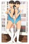  2girls absurdres ass bangs bare_shoulders black_eyes black_hair competition_swimsuit eyebrows_visible_through_hair flat_chest highres long_hair looking_at_viewer multiple_girls one-piece_swimsuit original shinchou_ni_kansuru_kousatsu short_hair smile swimsuit thick_thighs thighhighs thighs vending_machine white_legwear 