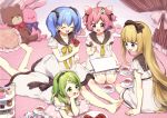  4girls :d ^_^ ahoge animal_slippers bear_slippers blonde_hair blue_hair blush bow braid brown_bow brown_hairband brown_sailor_collar closed_eyes cup curtains dress eyes_closed flower food frilled_pillow frills green_eyes green_hair hair_bow hair_flower hair_ornament hairband heart holding holding_food holding_pen long_hair lying macaron mononobe_alice morinaka_kazaki multiple_girls nijisanji notepad on_stomach open_mouth pen pillow pink_footwear pink_hair plate purple_eyes sailor_collar sailor_dress saucer short_sleeves sitting slippers smile star striped stuffed_animal stuffed_bunny stuffed_toy teacup teapot teddy_bear tiered_tray twintails two_side_up ushimi_ichigo vertical_stripes very_long_hair virtual_youtuber wariza white_dress white_flower wooden_floor yamabukiiro yellow_bow yellow_neckwear yuuki_chihiro 