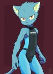  blue_fur bulge clothing dark_ishihara domestic_cat felid feline felis fur hi_res male mammal one-piece_swimsuit red_eyes solo swimsuit tight_clothing 