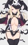  1girl :p adjusting_clothes adjusting_hat bat black_legwear blonde_hair blush breasts cape cowboy_shot elbow_gloves garter_straps gloves hat heart heart-shaped_pupils highres large_breasts long_hair looking_at_viewer mole mole_under_mouth mukuba navel red_eyes revealing_clothes senran_kagura senran_kagura_shinovi_versus shiki_(senran_kagura) smile solo symbol-shaped_pupils thighhighs tongue tongue_out witch_hat 