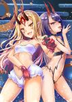  2girls alto_seneka bangs bikini blonde_hair blunt_bangs choker contrapposto facial_mark fang fate/grand_order fate_(series) forehead_mark frilled_bikini frills gloves ibaraki_douji_(fate/grand_order) ibaraki_douji_(swimsuit_lancer)_(fate) long_hair looking_at_viewer multiple_girls navel oni_horns open_mouth pointy_ears purple_eyes purple_hair red_choker red_gloves revealing_clothes saliva shuten_douji_(fate/grand_order) standing strapless swimsuit tongue tongue_out white_bikini yellow_eyes 