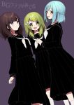  3girls :d bangs black_sailor_collar black_serafuku black_shirt black_skirt blue_hair blush bow braid brown_background brown_eyes brown_hair closed_mouth dutch_angle eyebrows_visible_through_hair green_eyes green_hair hair_bow long_hair long_sleeves moira_(nijisanji) morinaka_kazaki multiple_girls neckerchief nijisanji open_mouth pleated_skirt sailor_collar school_uniform serafuku shirt short_hair simple_background skirt smile socks standing suzuka_utako translation_request virtual_youtuber white_bow white_legwear white_neckwear yamabukiiro 