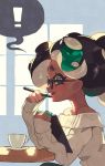  ! 1girl alternate_hairstyle bespectacled black-framed_eyewear black_hair casual cephalopod_eyes clipboard commentary cup dark_skin elbow_rest from_side glasses gradient_hair green_eyes green_hair hair_up highres holding holding_clipboard holding_pen iida_(splatoon) kin_niku leaning_forward lips long_hair long_sleeves looking_at_viewer makeup mascara mole mole_under_mouth multicolored multicolored_hair multicolored_skin octarian off-shoulder_sweater off_shoulder open_mouth pen pen_to_mouth pink_pupils ribbed_sweater saucer sitting smile solo splatoon splatoon_(series) splatoon_2 spoken_exclamation_mark suction_cups sweater table teacup tentacle_hair white_sweater 