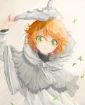  1girl :o ahoge alternate_costume arm_above_head black_shirt contrapposto emma_(yakusoku_no_neverland) expressionless gradient gradient_background green_eyes hair_between_eyes head_tilt high_collar highres holding holding_mask hooded_robe leaf long_sleeves looking_at_viewer mask messy_hair monko_(liangliang) orange_hair pink_background shirt short_hair solo standing upper_body white_robe wide-eyed yakusoku_no_neverland 