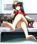  1girl barefoot black_hair feet hat kettle oda_nobunaga_(fate) red_eyes sitting soles tablet toes 