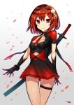  1girl bangs blurry blurry_background breasts cleavage_cutout eyebrows_visible_through_hair gia gloves hairband looking_at_viewer necktie original red_eyes red_hair short_hair small_breasts smile solo standing thigh_strap two-tone_dress wind 