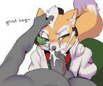  anthro balls blush canid canine clothed clothing cum cum_in_mouth cum_inside cum_splatter dialogue duo english_text erection faceless_male fellatio fox fox_mccloud good_boy hand_on_head hi_res humanoid_penis male male/male mammal nintendo nude open_mouth oral orgasm penis saliva sex slightly_chubby star_fox text vein video_games wizzikt 