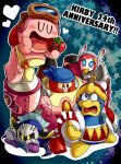  bandana_waddle_dee bandanna blue_eyes cape covering_mouth eating eyes_closed goggles hand_over_own_mouth heart jizo_yukari king_dedede kirby kirby:_planet_robobot kirby_(series) maxim_tomato meta_knight nintendo open_mouth reading robe robobot_armor star susie_(kirby) sweatdrop wide-eyed wrench 