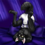  4_toes anthro black_fur canid canine canis claws diaper digital_media_(artwork) fur headstand looking_at_viewer male mammal multicolored_fur muscular muscular_male pillow podamy simple_background smile solo spreading toes toya_pup upside_down white_ears white_fur wolf yellow_eyes 