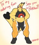  2015 abs anthro big_breasts big_muscles black_eyes black_nose breasts clothed clothing dipstick_ears english_text female hands_on_hips hi_res luchador midriff muscular muscular_female nintendo outline pikachu pikachu_libre pok&eacute;mon pok&eacute;mon_(species) pok&eacute;morph robertge simple_background smile solo standing text textured_background thick_thighs video_games wrestler 