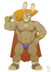  2017 abs anthro biceps body_hair bulge cape carrot chest_hair clothed clothing facial_hair food lagomorph male mammal maxima muscular muscular_male mustache navel nipples pecs simple_background skimpy solo vegetable white_background 