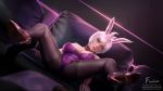  1girl animal_ears bare_shoulders battle_bunny_riven black_background black_legwear bottle breasts brown_eyes bunny_ears bunnysuit choker cleavage closed_mouth dutch_angle firolian high_heels highres large_breasts league_of_legends leotard lips looking_at_viewer pantyhose patreon_username riven_(league_of_legends) short_hair silver_hair solo spread_legs strapless strapless_leotard tray watermark web_address 