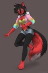  2019 4_toes 5_fingers anthro black_hair black_nose breasts canid canine clothed clothing digital_media_(artwork) female fox fur green_eyes grey_background hair hi_res koul mammal midriff navel red_fur simple_background solo toes 