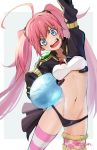  1girl ahoge asymmetrical_legwear black_panties blue_eyes eyes_closed fangs midriff milim_nava navel open_mouth otton panties pink_hair rimuru_tempest slime smile solo striped striped_legwear tensei_shitara_slime_datta_ken thighhighs twintails underwear 