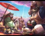  2019 anthro belly brown_fur canid canine canis clothing demon domestic_dog eyes_closed female fundoshi fur group gyobu horn human humanoid_hands japanese_clothing leaf male male_focus mammal marchosias melee_weapon moobs n_ionion outside overweight overweight_male raccoon_dog robe shino_(housamo) sitting sword tanuki tokyo_afterschool_summoners underwear video_games weapon wolf young 
