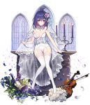  1girl bangs bare_arms bare_shoulders blush bouquet breasts bridal_veil bustier candle candlestand choker cleavage earrings eyebrows_visible_through_hair flower frills full_body gluteal_fold hair_between_eyes hair_flower hair_ornament holding houchi_shoujo instrument jewelry kyundoo leaf looking_at_viewer medium_breasts multicolored_hair parted_lips petals pink_hair purple_flower purple_hair see-through short_hair sitting solo strapless thigh_gap thighhighs two-tone_hair underwear underwear_only veil viola_(instrument) waist_cape white_choker white_legwear window 