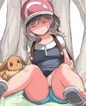  1girl :3 ? ayumi_(pokemon) backpack bag bangs baseball_cap between_legs black_shirt blue_shorts blush breasts brown_eyes brown_hair brown_sclera closed_mouth collarbone creatures_(company) eevee eyes_closed female game_freak gen_1_pokemon grass hand_between_legs hat have_to_pee japanese_text knees_up looking_at_another medium_breasts muroi_(fujisan0410) nintendo outdoors poke_ball_theme pokemon pokemon_(creature) pokemon_(game) pokemon_lgpe red_footwear red_headwear shirt shoes short_hair short_shorts short_sleeves shorts sitting solo_focus sweat tears translation_request tree trembling 