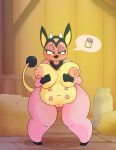  5_fingers anthro barrel belly big_breasts blue_eyes blush breasts female fur hay hi_res horn iguanasarecool inside invalid_tag lactating looking_at_viewer milk miltank nintendo nipples pink_fur pok&eacute;mon pok&eacute;mon_(species) pussy pussy_juice slightly_chubby sweat thick_thighs tongue video_games voluptuous wide_hips 