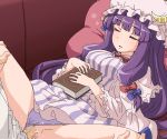  1boy 1girl bangs blue_bow blunt_bangs book bow censored clothed_sex crescent dress eyes_closed hair_bow hat hetero long_sleeves mosaic_censoring panties panties_aside patchouli_knowledge penis pillow purple_hair purple_panties red_bow red_pillow sex sleep_molestation solo_focus spread_legs striped tomu_(tomubobu) touhou underwear vaginal vertical-striped_dress vertical_stripes 