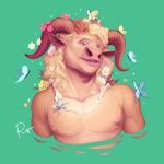  anthro arthropod blonde_hair bovid bovine butterfly cattle faun flower flower_necklace hair hi_res horn hybrid insect lepidopteran long_hair male mammal nipples plant rov satyr simple_background solo 