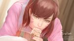  1girl all_fours brown_eyes brown_hair d.va_(overwatch) eyebrows_visible_through_hair facial_mark firolian food highres ice_cream jacket lips looking_at_viewer overwatch pale_skin sexually_suggestive solo 