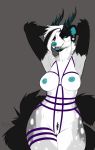  anthro antlers badger bondage_gear breasts ear_piercing female hands_behind_head hi_res horn mammal missy_(artist) mustelid musteline nipple_piercing nipples piercing pussy smile solo standing wide_hips 