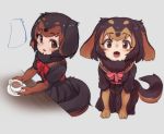  2girls animal_ears animal_print blush bow bowtie brown_eyes brown_hair commentary_request cup dachshund_(kemono_friends)_(nyifu) dog_ears dog_print dog_tail elbow_gloves eyebrows_visible_through_hair fur_collar gloves harness kemono_friends light_brown_hair multiple_girls nyifu original pleated_skirt sailor_collar seiza short_hair sitting skirt tail tea teacup 