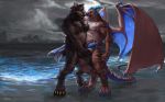  anthro balls canid canine canis claws dragon duo ear_piercing enro frottage horn humanoid_penis male male/male mammal moon muscular night nipple_piercing nipples penis piercing precum scalie sea sex shaneinvasion water western_dragon wings wolf 