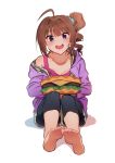  1girl ahoge barefoot black_legwear blush brown_hair collarbone eyebrows_visible_through_hair idolmaster idolmaster_million_live! idolmaster_million_live!_theater_days kamille_(vcx68) leggings looking_at_viewer open_mouth purple_eyes scrunchie short_hair sitting smile solo teeth yokoyama_nao 