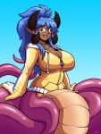  4_horns belly_scales big_breasts blazbaros blue_hair breasts brown_skin cleavage clothed clothing cute_fangs dark_skin demon female hair hi_res hoodie horn jemma lamia long_hair looking_at_viewer multicolored_scales pointy_ears reptile scales scalie snake solo split_form tan_scales two_tone_scales 