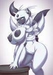  2019 anthro areola big_breasts blue_eyes blush breasts female fur hair hi_res huge_breasts mammal mega_absol mega_evolution nintendo nipples nude pok&eacute;mon pok&eacute;mon_(species) pussy simple_background solo tailzkim video_games white_fur wings 