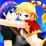  1boy 1girl anniversary bandage bandanna belt blonde_hair blue_eyes blue_hair blush braid breasts chrono_cross cleavage facial_mark gloves hair_ribbon high_ponytail jewelry kid_(chrono_cross) long_hair looking_at_viewer medium_breasts midriff multi-tied_hair necklace open_mouth ponytail ribbon serge short_hair simple_background skirt smile stomach thighs vest watarui 