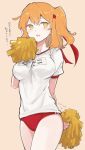  1girl akizuki_maku beige_background blush breasts collarbone commentary_request eyebrows_visible_through_hair fate/grand_order fate_(series) fujimaru_ritsuka_(female) hair_between_eyes hair_ornament hair_ribbon holding large_breasts orange_eyes orange_hair pom_poms red_ribbon red_shorts ribbon shirt short_shorts short_sleeves shorts simple_background solo sportswear translation_request white_shirt 