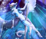  2019 5_fingers anthro blonde_hair blue_nose breasts canid canine digital_media_(artwork) feathered_wings feathers female fox hair mammal nipples nude p-v-s solo wings yellow_eyes 