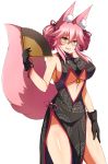  1girl afuro animal_ear_fluff animal_ears bare_shoulders black_gloves breasts china_dress chinese_clothes collarbone dress eyebrows_visible_through_hair fang fate/grand_order fate_(series) fox_ears fox_girl fox_tail glasses gloves hair_ornament hair_ribbon koyanskaya large_breasts looking_at_viewer open_mouth pink_hair ribbon simple_background smile solo tail tamamo_(fate)_(all) underboob white_background yellow_eyes 