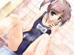  asagiri_mai blush brown_hair flat_chest green_eyes looking_at_viewer ribbons school_swimsuit short_hair swimsuit twintails wet wet_clothes wet_swimsuit yoake_mae_yori_ruri_iro_na 